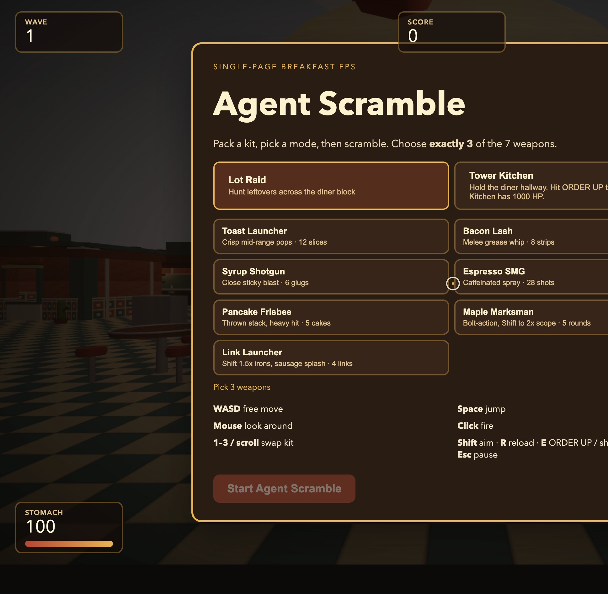 Agent Scramble loadout menu with seven breakfast weapons