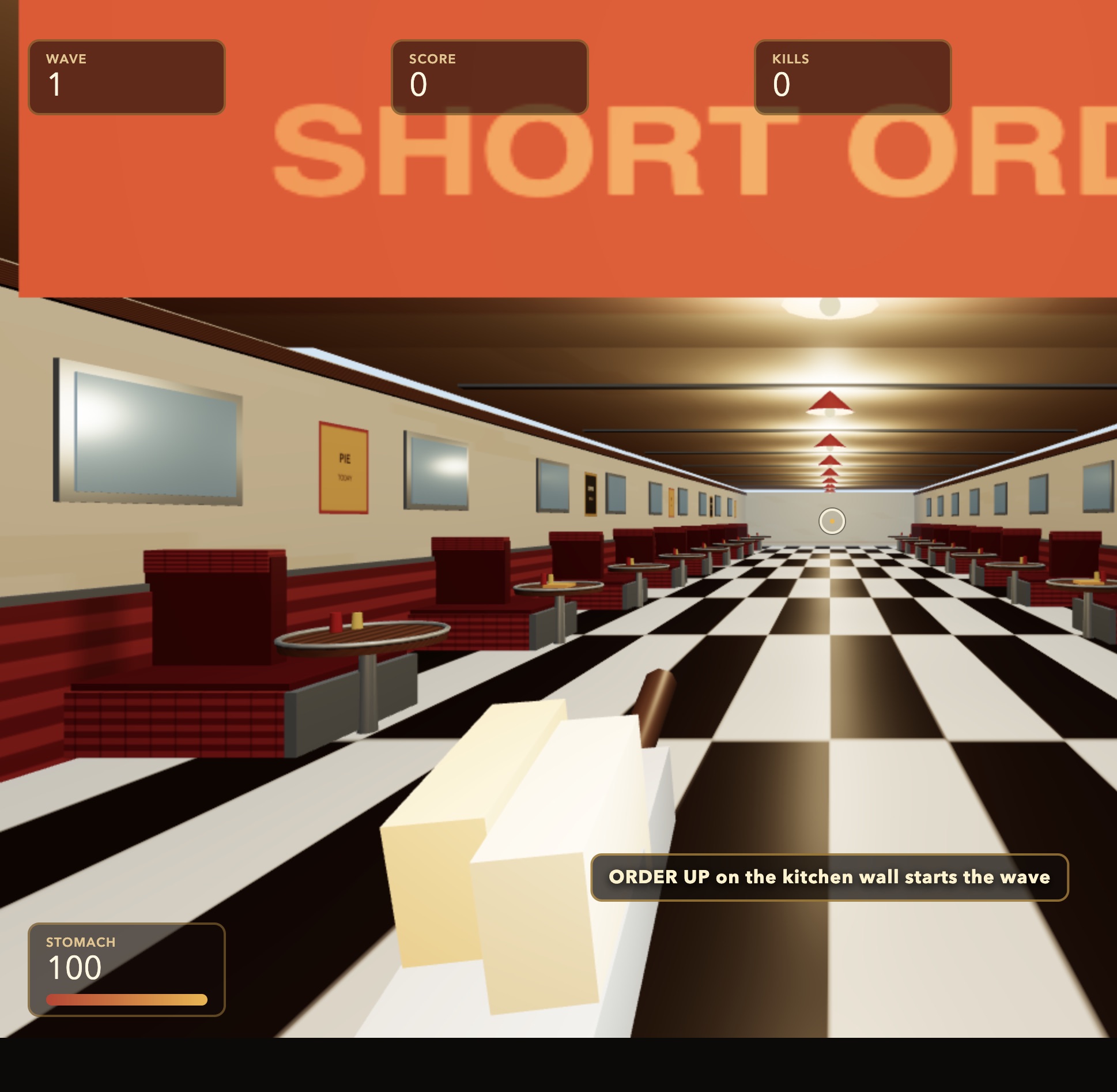 First-person view down Tower Kitchen with the Toast Launcher ready
